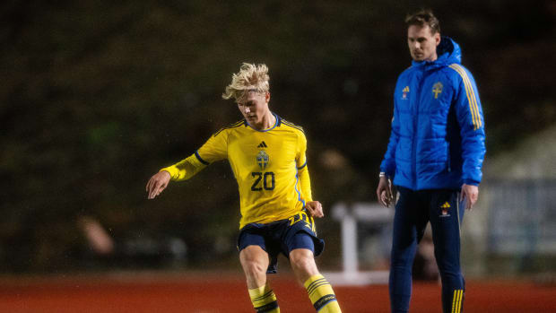 Lucas Bergvall pictured playing for Sweden against Estonia on his senior international debut in January 2024